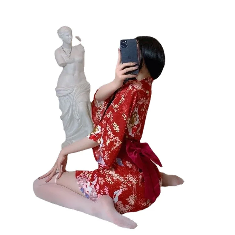 

Кимоно с длинным рукавом и v-образным вырезом на шнуровке, пижамы с поясом и цветочным принтом, женские кружевные шелковые атласные лоскутные сексуальные ночные рубашки, одежда для сна