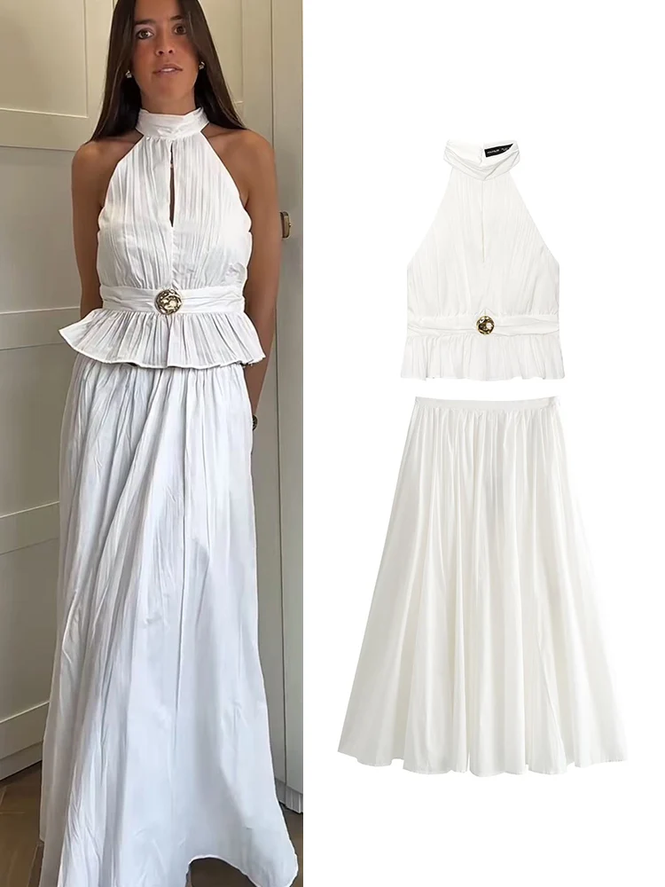 

TFMLN женская повседневная юбка с рюшами, комплекты из 2 предметов, летняя мода, декор с металлической пряжкой, топы без рукавов, свободная юбка макси для отпуска, наряды