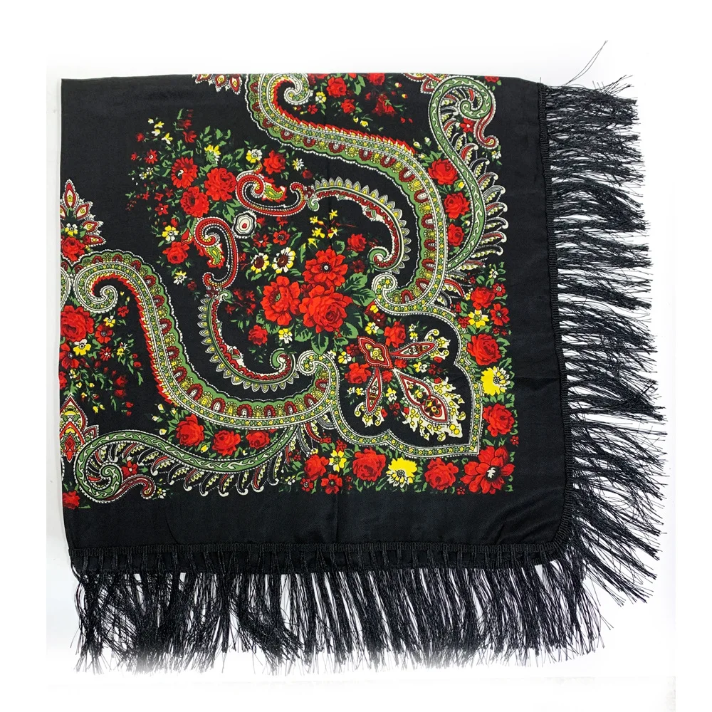 Russian Style Floral Print Shawl Wrap, Vintage Fringe Scarf for Women, Fashion Outerwear, Xinjiang Travel Square Kerchief