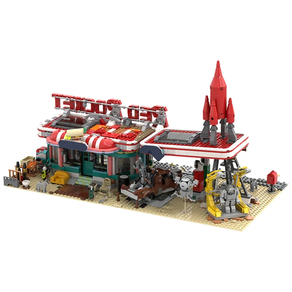 MOC City Hot Street View Space Launch Modular Red Rocket Gas Station ideas creativas para niños, juguete de ladrillos, regalo de cumpleaños