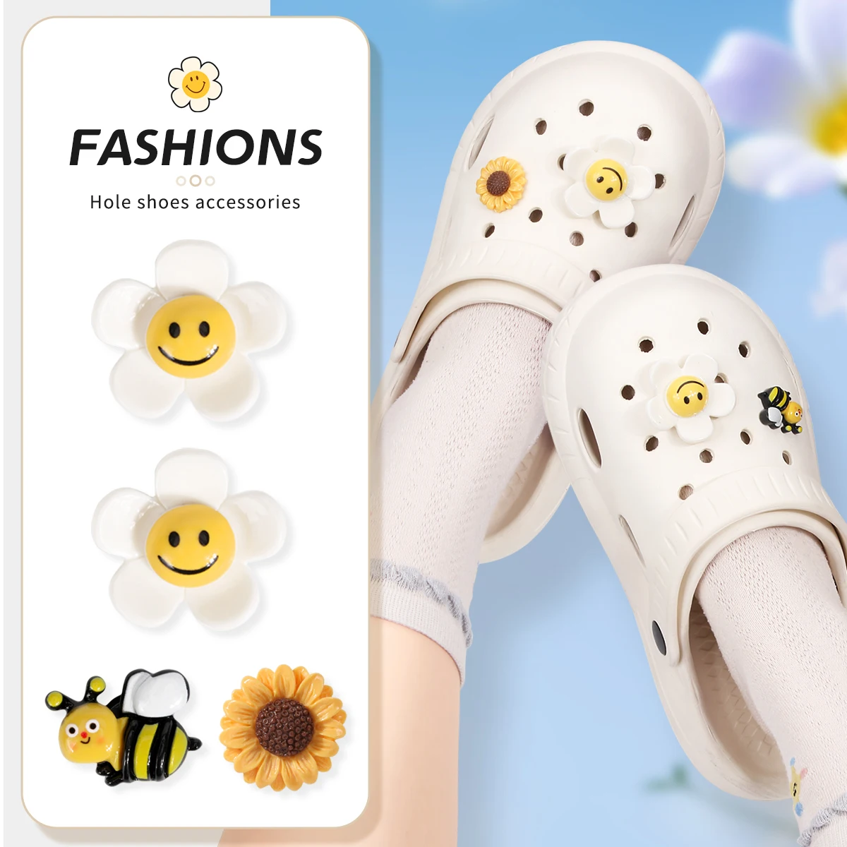 New Sunflower Flower Bee Shoe Accessories Shoe Flowers Shoe Decoration Head Half Slippers Decoration(Set of 4 pieces)