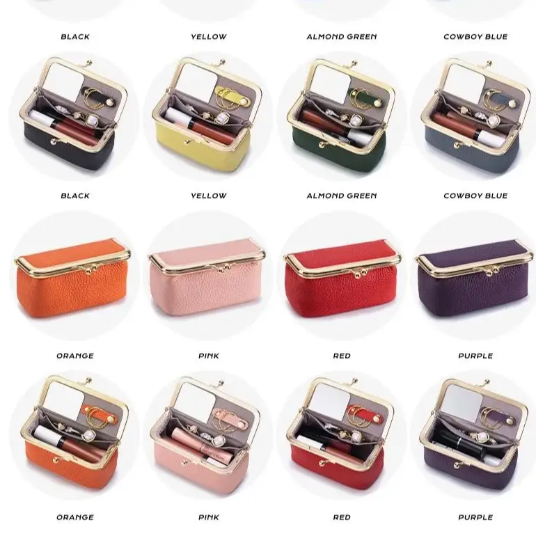 Kiss Lock Jewelry Cosmetic Case Built‑in Mirror Portable Lipstick Earphone Small Accessories Storage Box Travel Makeup Pouch