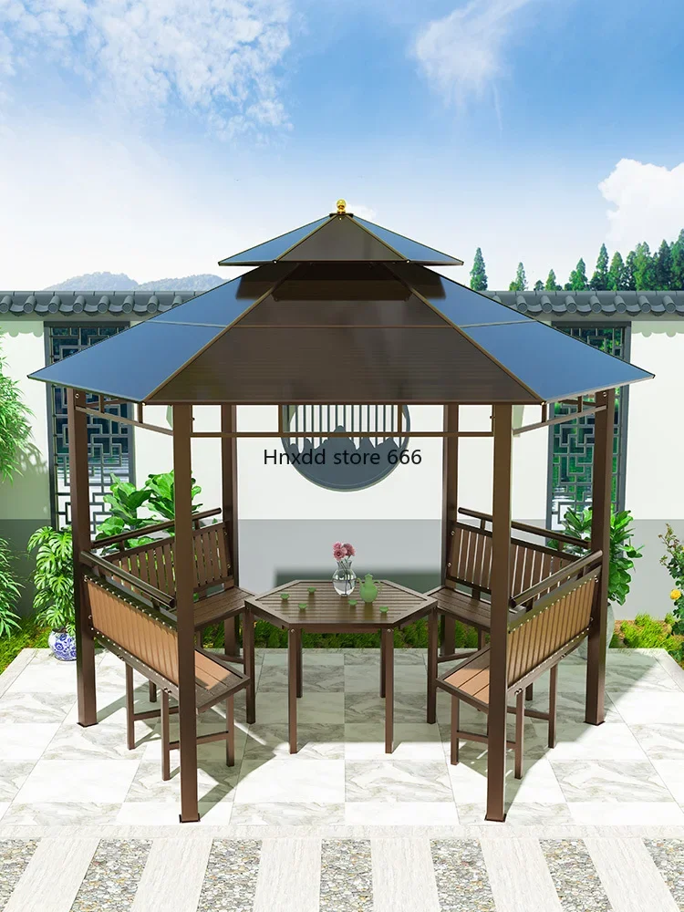 Outdoor hexagonal pavilion villa leisure plastic wood pavilion outdoor garden yard wrought iron tea