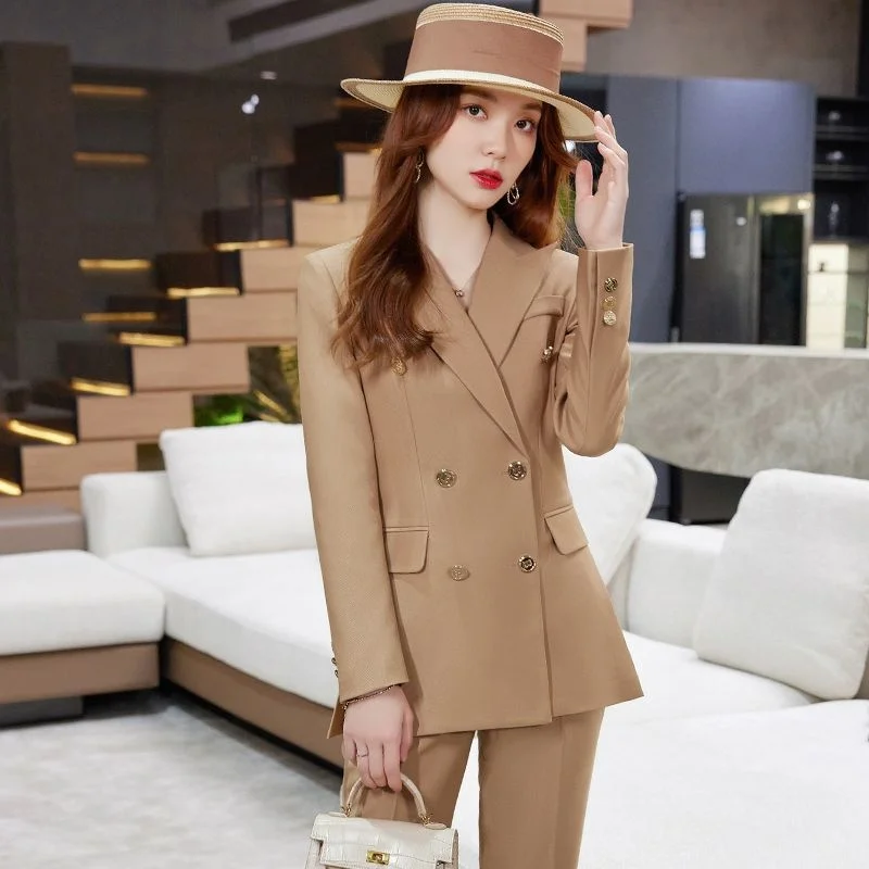 Blazer Sets Korean Fashion Khaki Long Sleeve Pant Sets Sping Autumn Design Sense Suit Elegant Casual Office 2 Piece Women Outfit