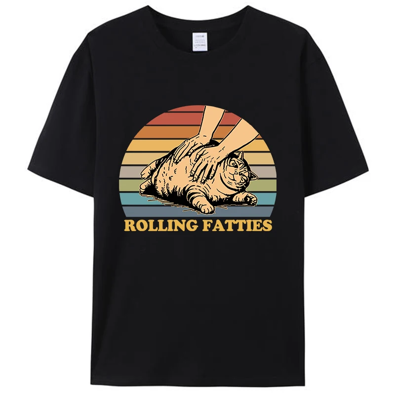 Rolling Fatties Cat Funny Cute Cat Lover Kitten Owner Kitty Women Men's Cotton T-Shirt Clothing Round Neck Short Sleeve Tees