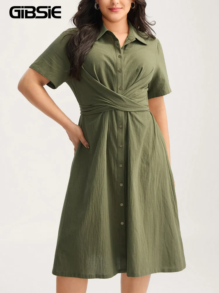 

GIBSIE плюс размер платье-рубашка с отложным воротником и поясом, женские летние повседневные зеленые платья миди трапециевидной формы с короткими рукавами и пуговицами