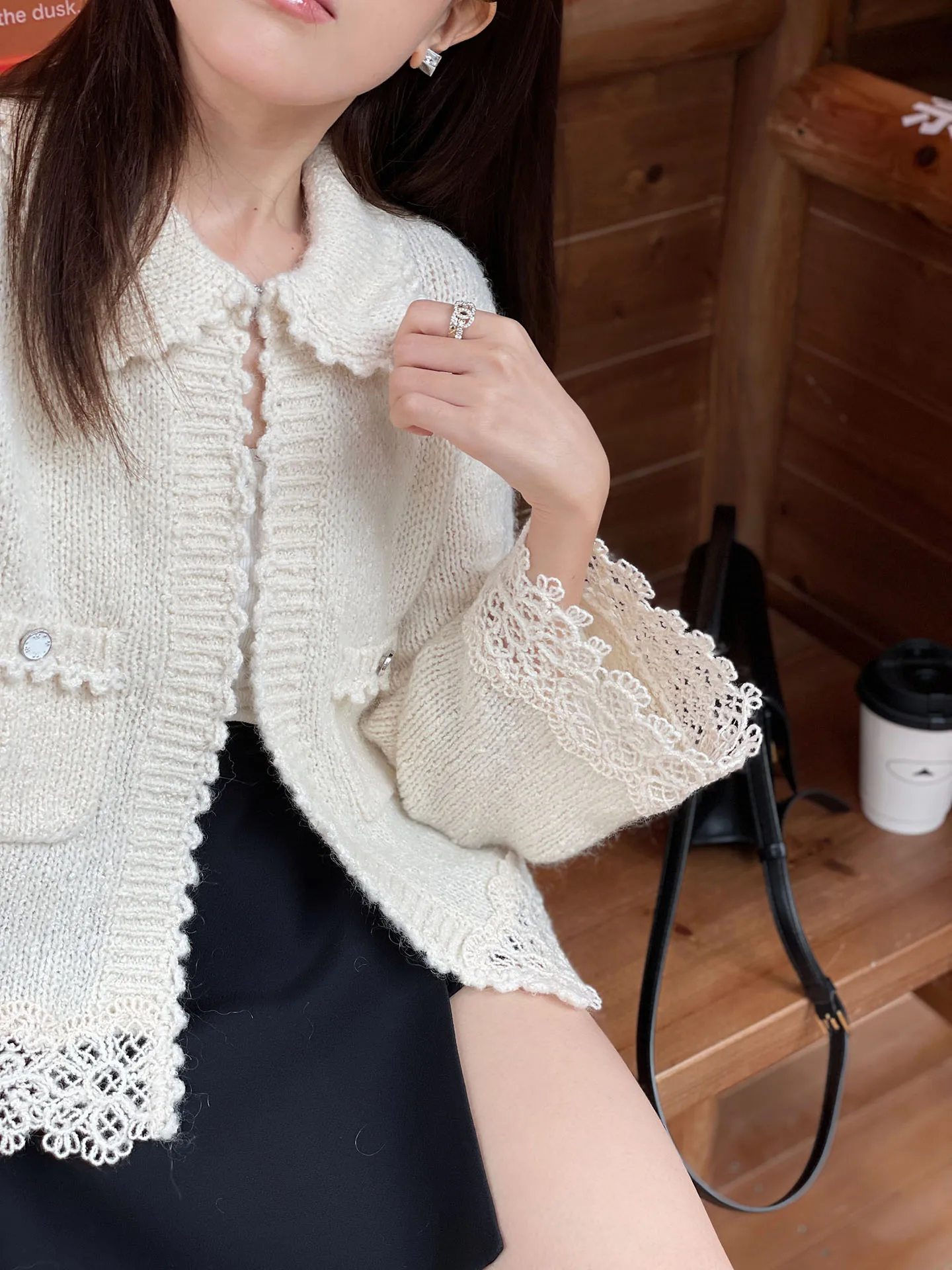 

Ultra-Fine Women's Knitted Cardigan with Lace Trim Soluble in Water Flip Collar Long Sve round Ne Regular Fit Warmth for...