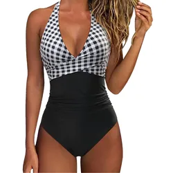 2024 New Swimwear One Pieces Color Print Splicing Backless Hanging Neck Strap Women's Swimsuits Deep V Neck Slim Fit Sexy Bikini