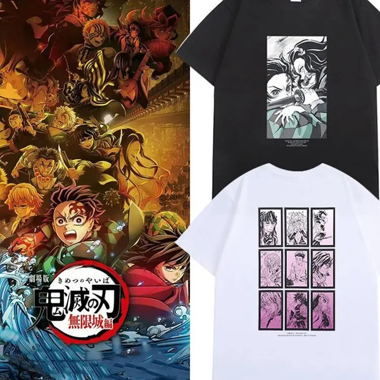 Kimetsu No Yaiba Movie Mugen Train T - Shirt 2025 Summer Men's Anime Streetwear Cotton Tee with Black and White Character