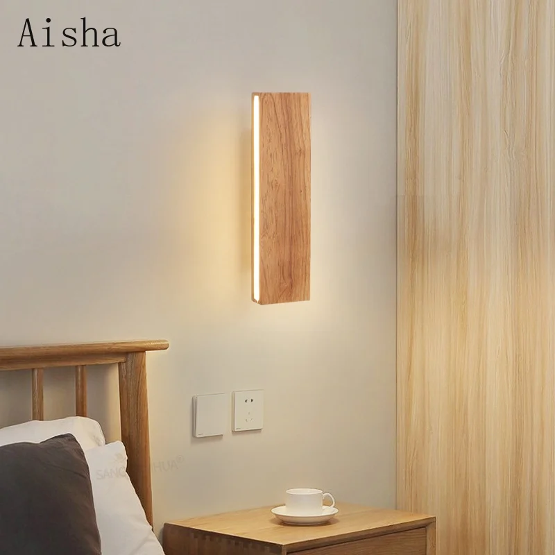 Solid Wood Bedroom Bedside Wall Lamp LED Log Wall Llight Japanese Corridor Staircase Homestay Rotatable Reading Sconces