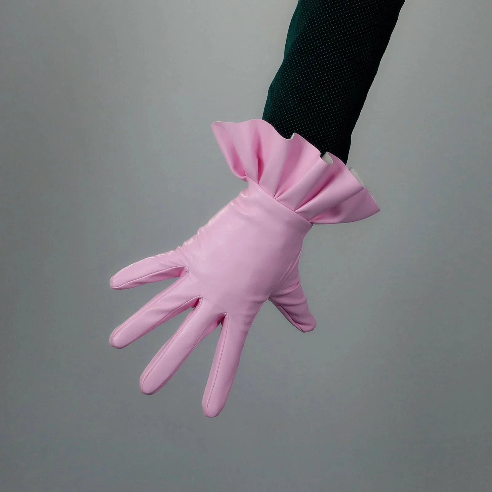 RUFFLE PINK GLOVES 25cm Wrist Short Faux PU Leather Pleated Trim Fashion Stage Evening Party Dancing Photos Halloween Costume