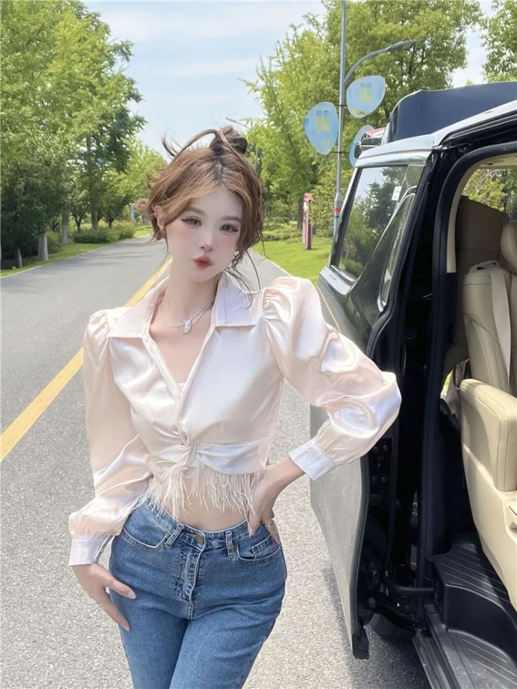 Elegant Temperament V Neck Long Sleeve Women Shirt French High Street Spliced Tassel Clothes Spice Women Clothes