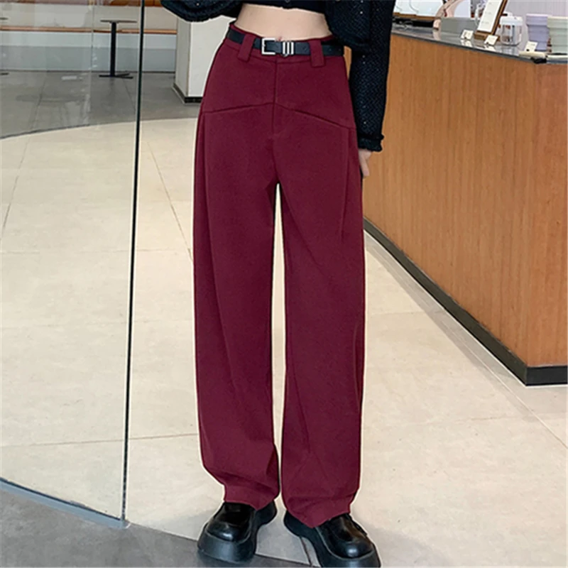 

Autumn Winter Woolen Wide Leg Pants with Belted 2024 New Solid High Waist Red Vintage Korean Casual Loose Full Pant Female
