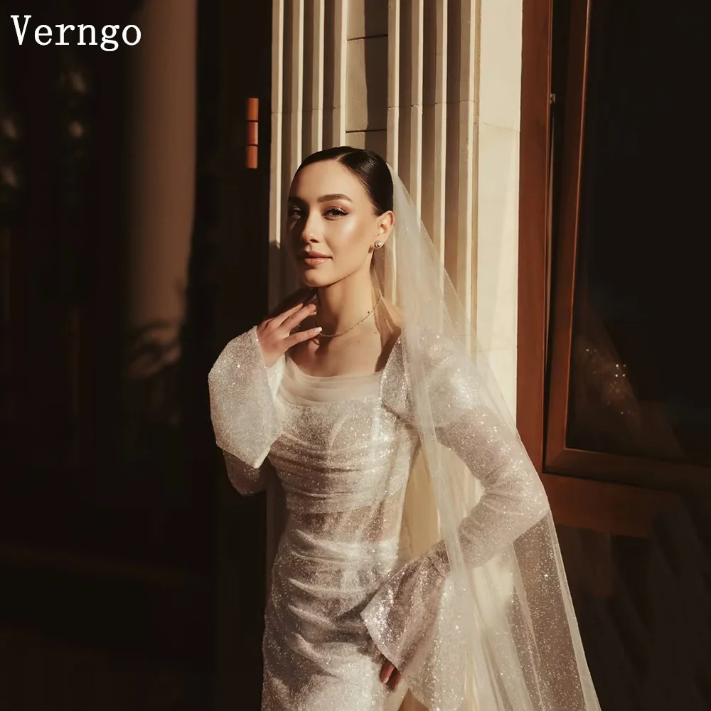 

Verngo Shiny Champagne Wedding Dress Women Off The Shoulder Slim Mermaid Bridal Gowns Bone Bride Dresses Customized