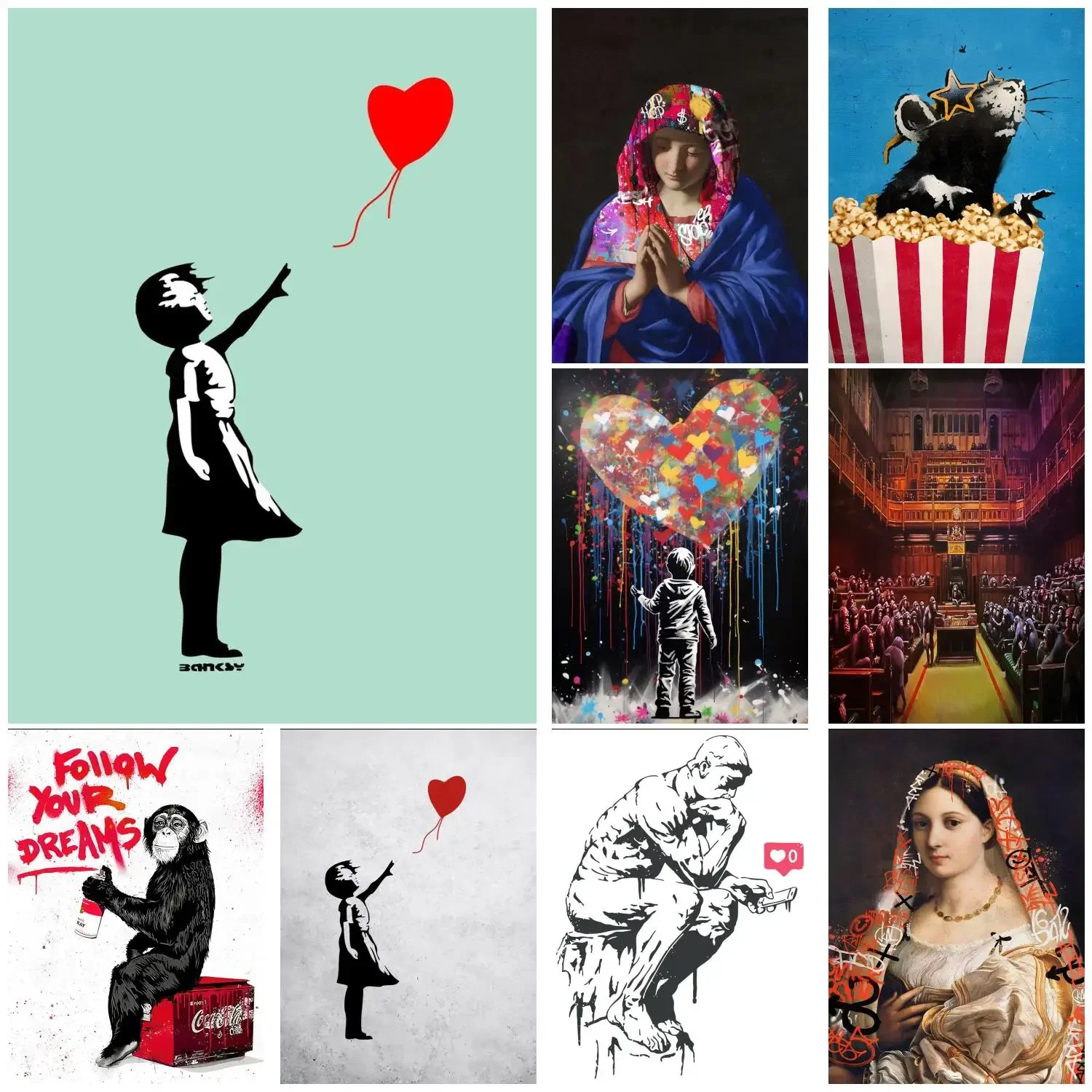 Banksy Street Graffiti Decorative Painting Girl with Balloon Follow Your Dreams Monkey Art Canvas Poster PrintsRoom Wall Decor