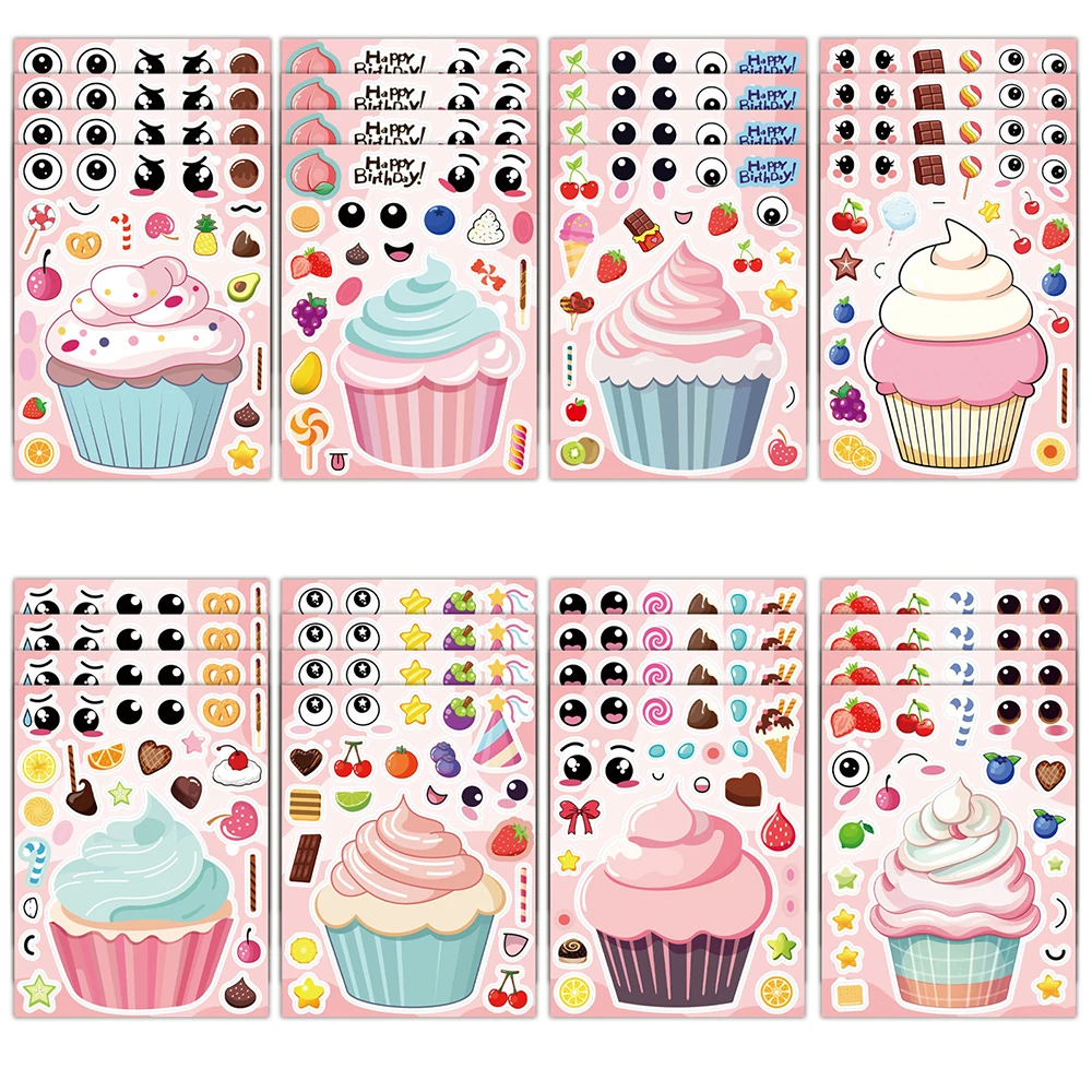 

8/16sheets Kawaii Cartoon Cupcakes Puzzle Stickers Make a Face DIY Cute Creative Assemble Jigsaw Toy Decals Decoration Supplies