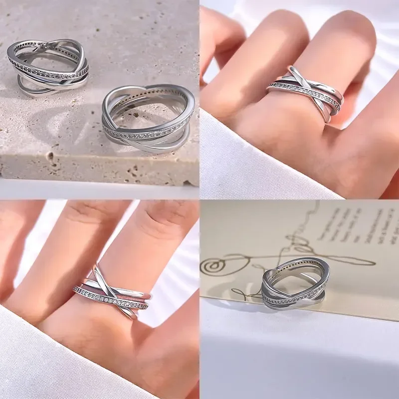 Anillo de Plata de Ley 925 con Cruz Triple lineal, sortija de circonita blanca, joyería exquisita a juego para fiesta de cumpleaños, regalo para mujer