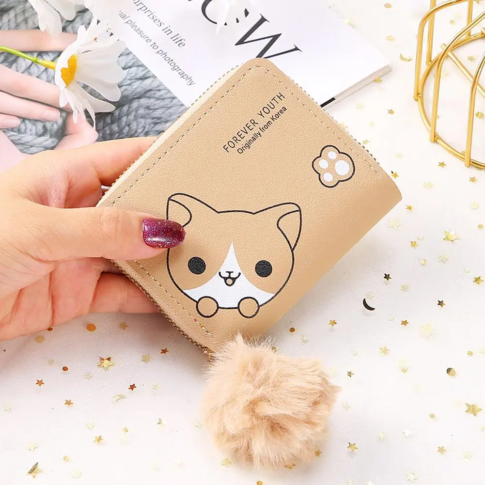 New Women Short Thin Korean Version Cute Cartoon Dog Wallet Bag High-end Wallet Ladies Clutch Leather Small Card Three Fold C5B4