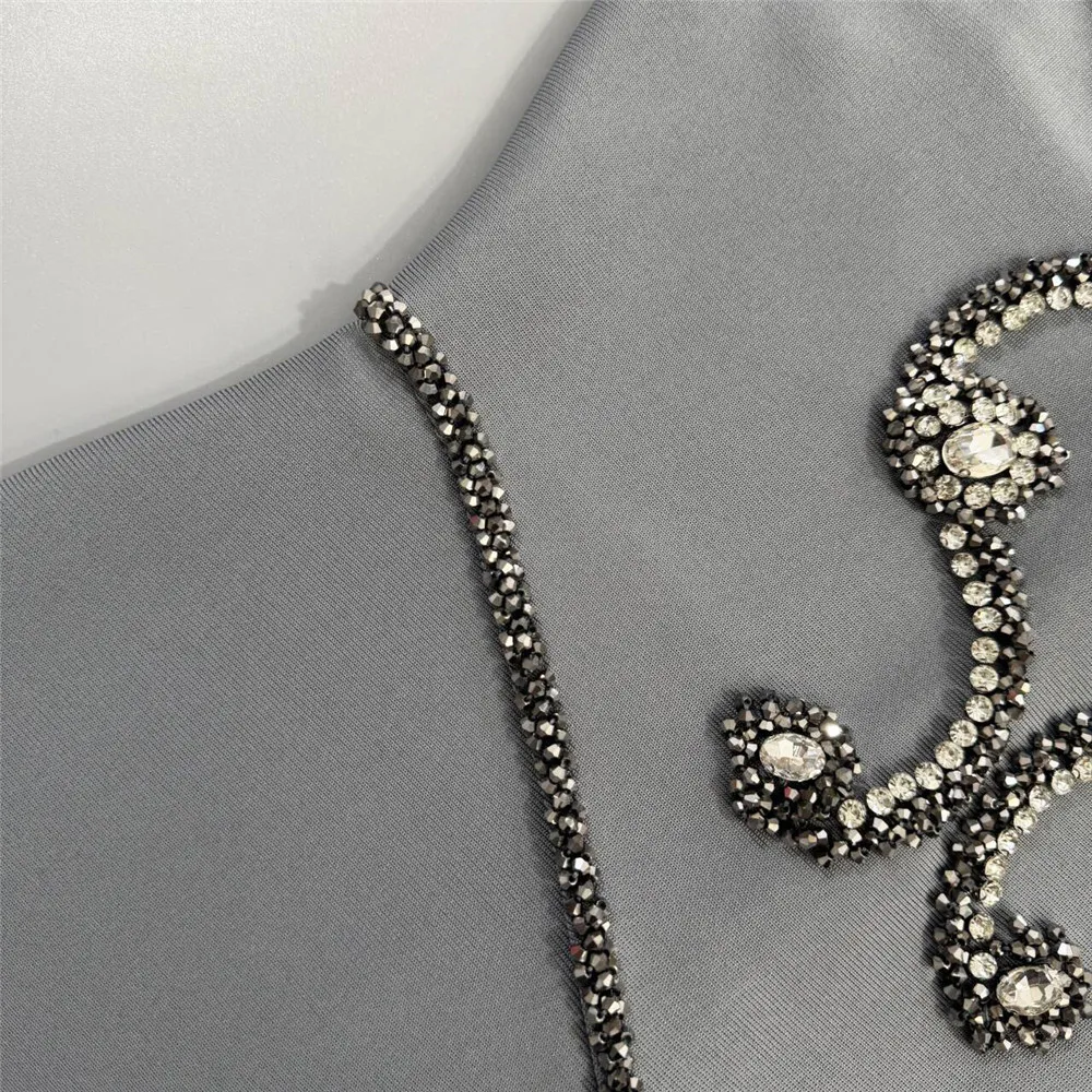 Sexy strapless diamanten grijze bandage lange jurk dames mouwloze bodycon glitter verjaardag festival jurken avondjurken