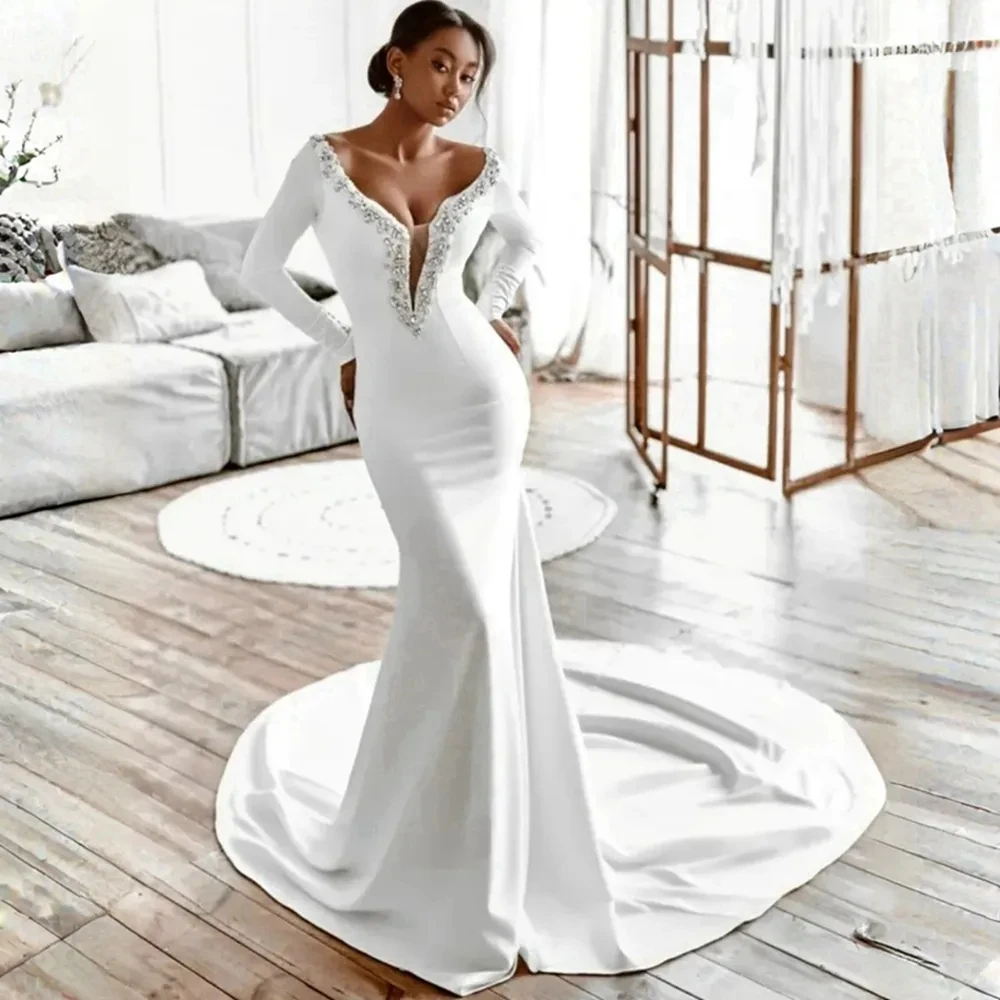 Luxury Mermaid Special Dress Sexy Crystal beaded V-neck backless sexy Long sleeve elastic satin women's wedding dress 2024