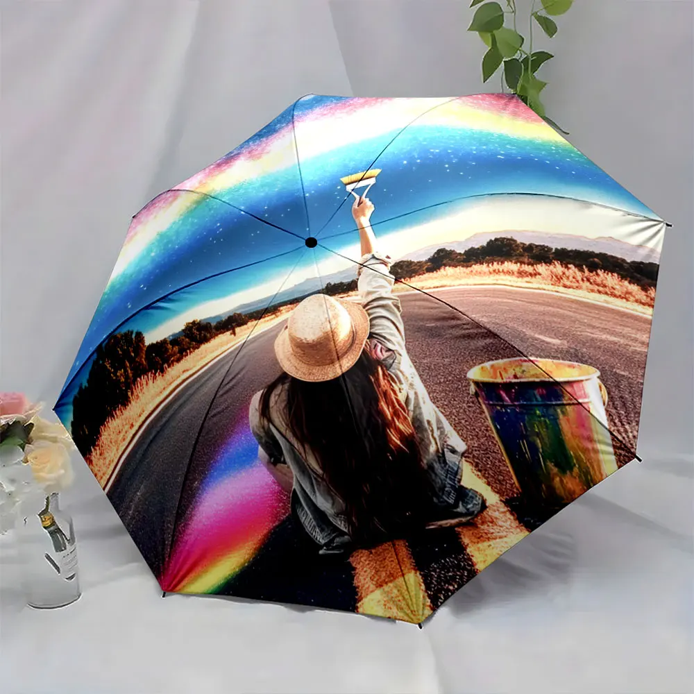 1PC Rainbow Dreams on an Artistic Umbrella Print 8 Iron Ribs Folding Umbrella Auto-Open Fashion Sunshade