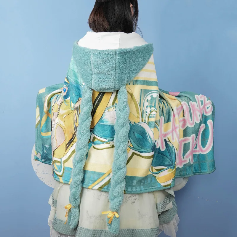

150cm Kawaii Hatsune Multi Functional Hooded Air Conditioning Blanket Soft And Warm Cartoon Siesta Shawl Miku Flannel Cloak Gift