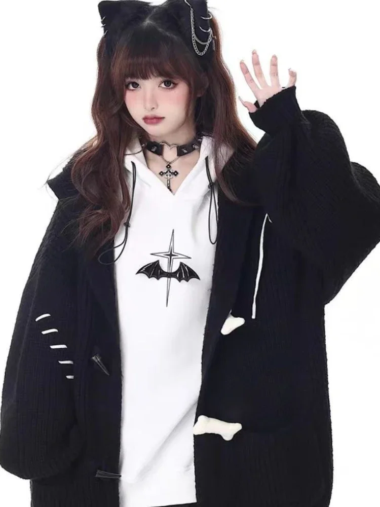 Deeptown Y2K Harajuku schwarz übergroße Strickjacke Frauen Grunge Kpop grau Strick pullover Herbst Winter Kapuze Strick jacke Jacken