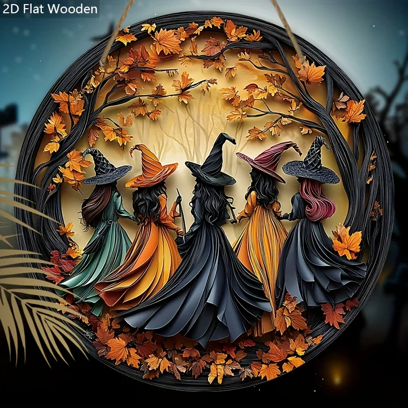 2D-Banner 1-teilig, Halloween-Hexenwald, Holzschild, äußere Dekorationskarte, mit Spukhaus und Vollmond, Innenhof, Tür