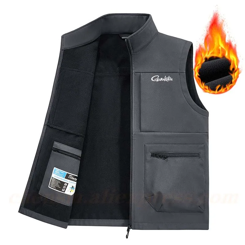 Gamakatsu Men's Fishing Vest Multi-pocket Fleece Lined Thickened Autumn Winter Warm Short Sleeve Vest