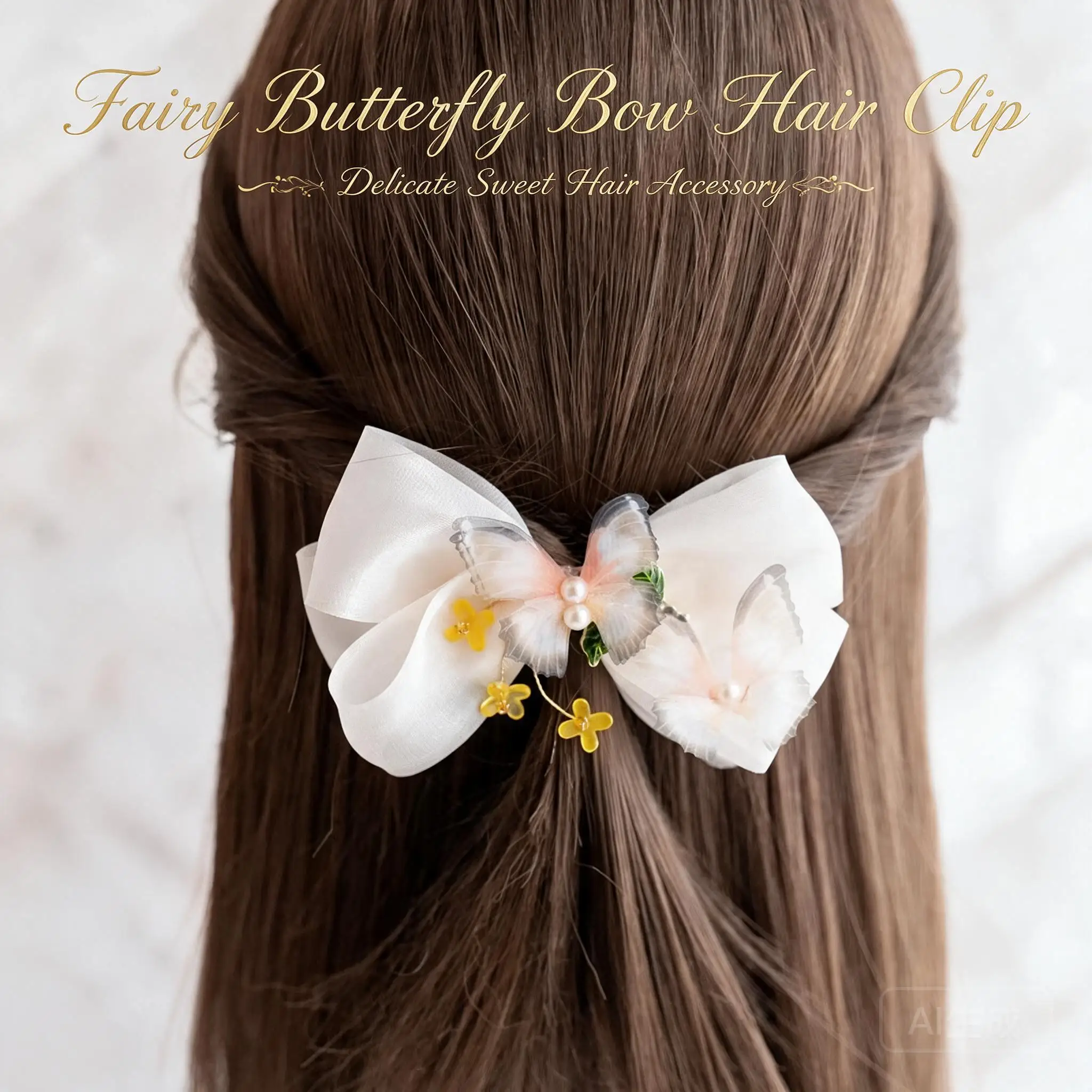 Vintage Silk Yarn Bow Hair Clips Butterfly Pearl Flower Decor Spring Clips Ponytail Holders Half Up Hair Accessories For Women