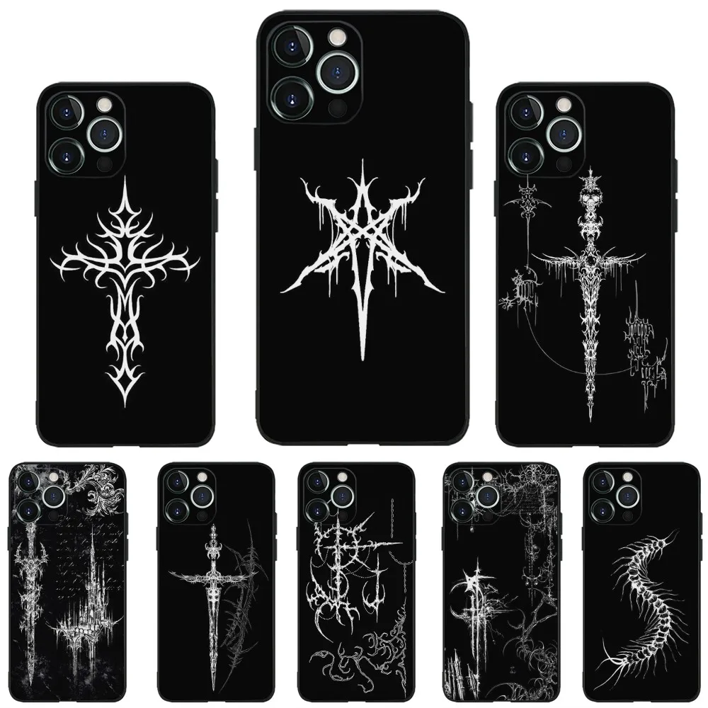 Cyber Sigil Cross Phone Case For iPhone 16,15,14,13,12,11,Plus,Pro Max,XS,X,XR,SE,Mini,8,7 Soft Silicone Black Cover