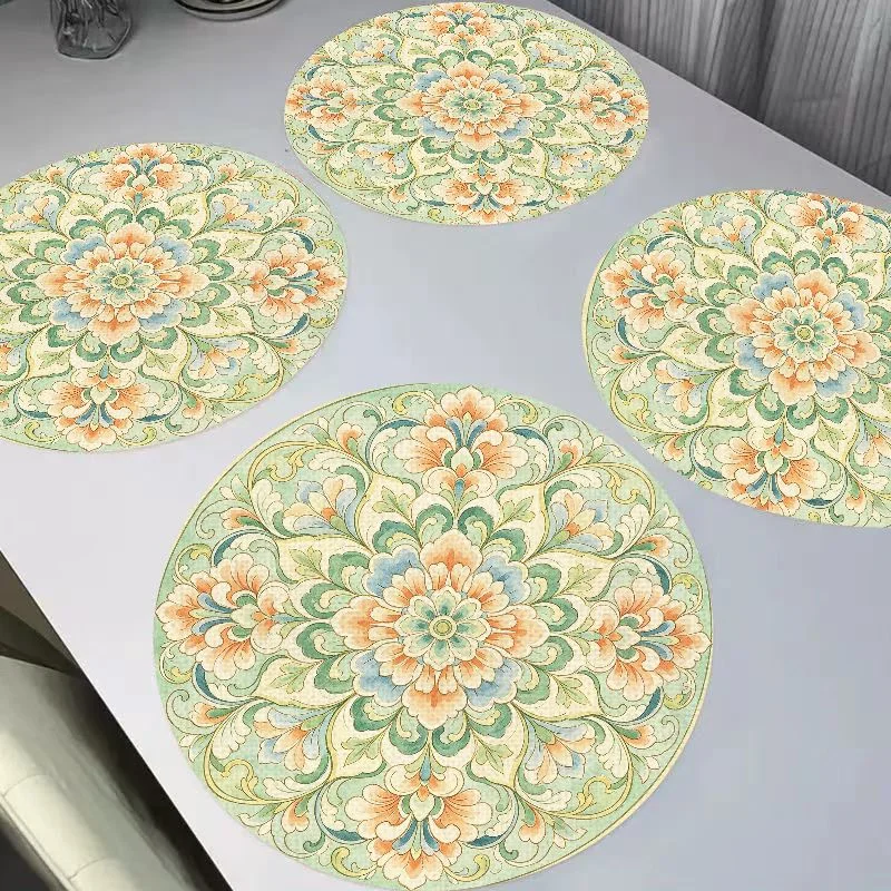 VIKAMA National Tide Red Blue Gold Datura Round Linen Placemats, Heat Resistant for Kitchen Dining Table