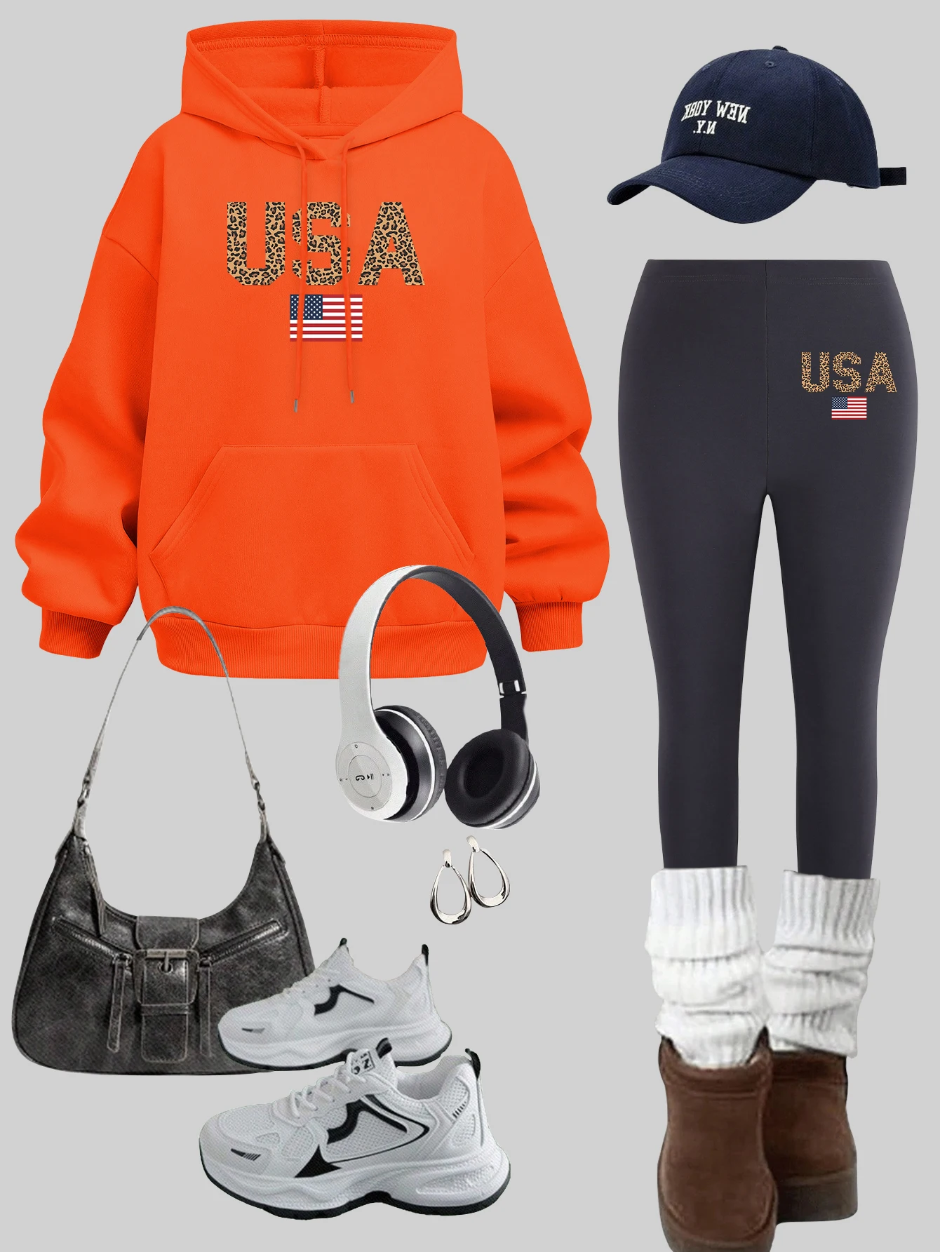 Usa American Flag Pattern Hoodies Set Women Y2K Thicken Warm leggings Casual Pocket Pullover Autumn Fleece Woman Sportswear