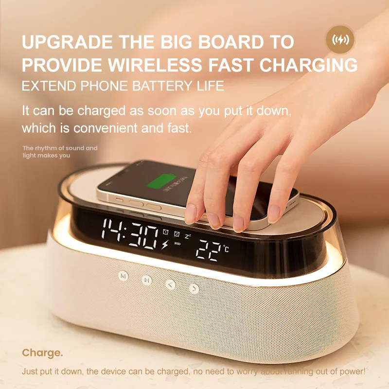 QI Wireless Charger BT Speaker FM Radio Portable LED Nightlight Temperature Digital Display Dual Alarm Clock AUX Music Speakers