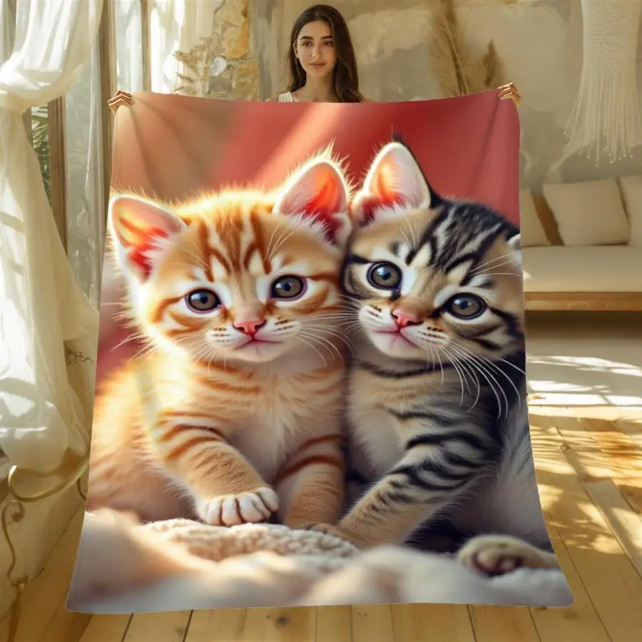 Cute Kittens On Log Watching Monarch Butterfly Floral Lawn Flannel Throw Blanket,Lovely Cat Print Blanket for Bedroom Sofa Decor