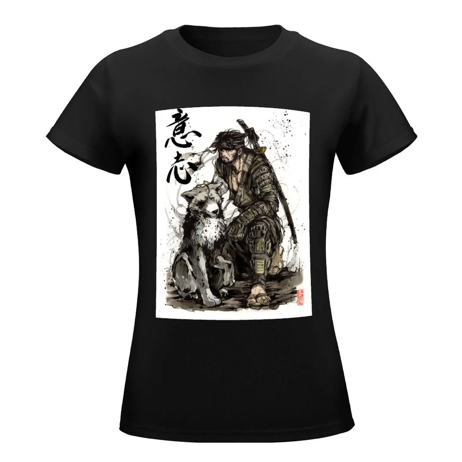 Samurai Ronin with his Wolf with Japanese Calligraphy T-Shirt shirts graphic tees t-shirts for Women cotton