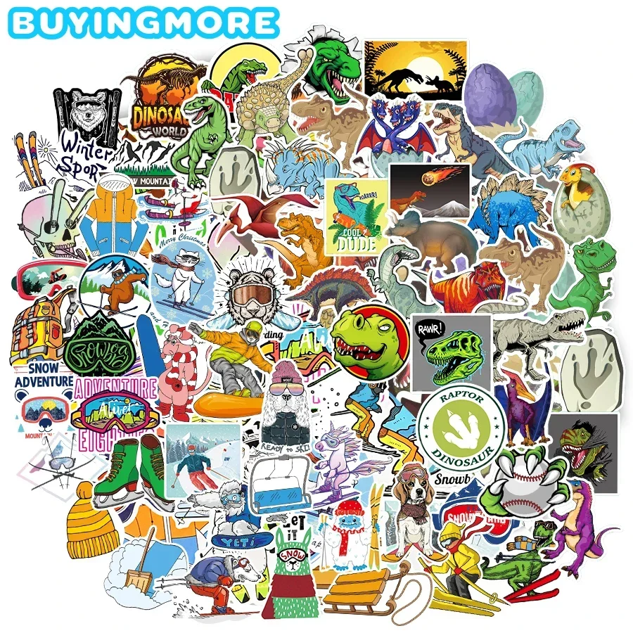 10/100PCS Tyrannosaurus Rex Sticker for Laptop Suitcase Guitar Cute Cartoon Skiing Sport Sticker for Kid DIY Guitar Motor Car