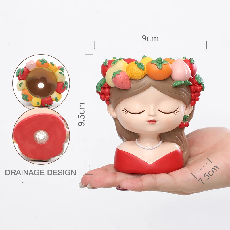 Charming Girl & Fruit Harvest Mini Planter, Cute Decorative Flower Pot for Succulents & Small Indoor Plants for Desk Decor