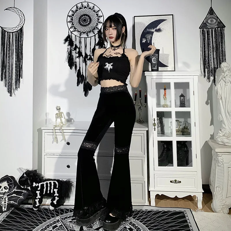 

22530A новые летние женские брюки-клеш, темные готические брюки с кружевной отделкой, облегающие танцевальные брюки в стиле хип-хоп для женщин