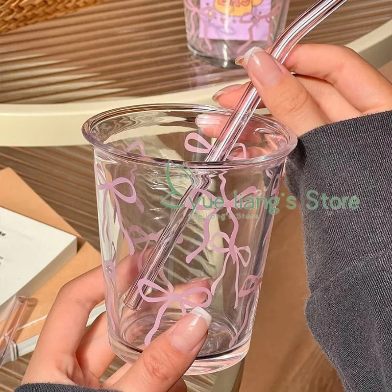 Original French Pink Bow Glass Cup, Bow Flower Cold Extraction Cup, Girl Milk Cup, Latte Coffee Mug, Breakfast Bowl