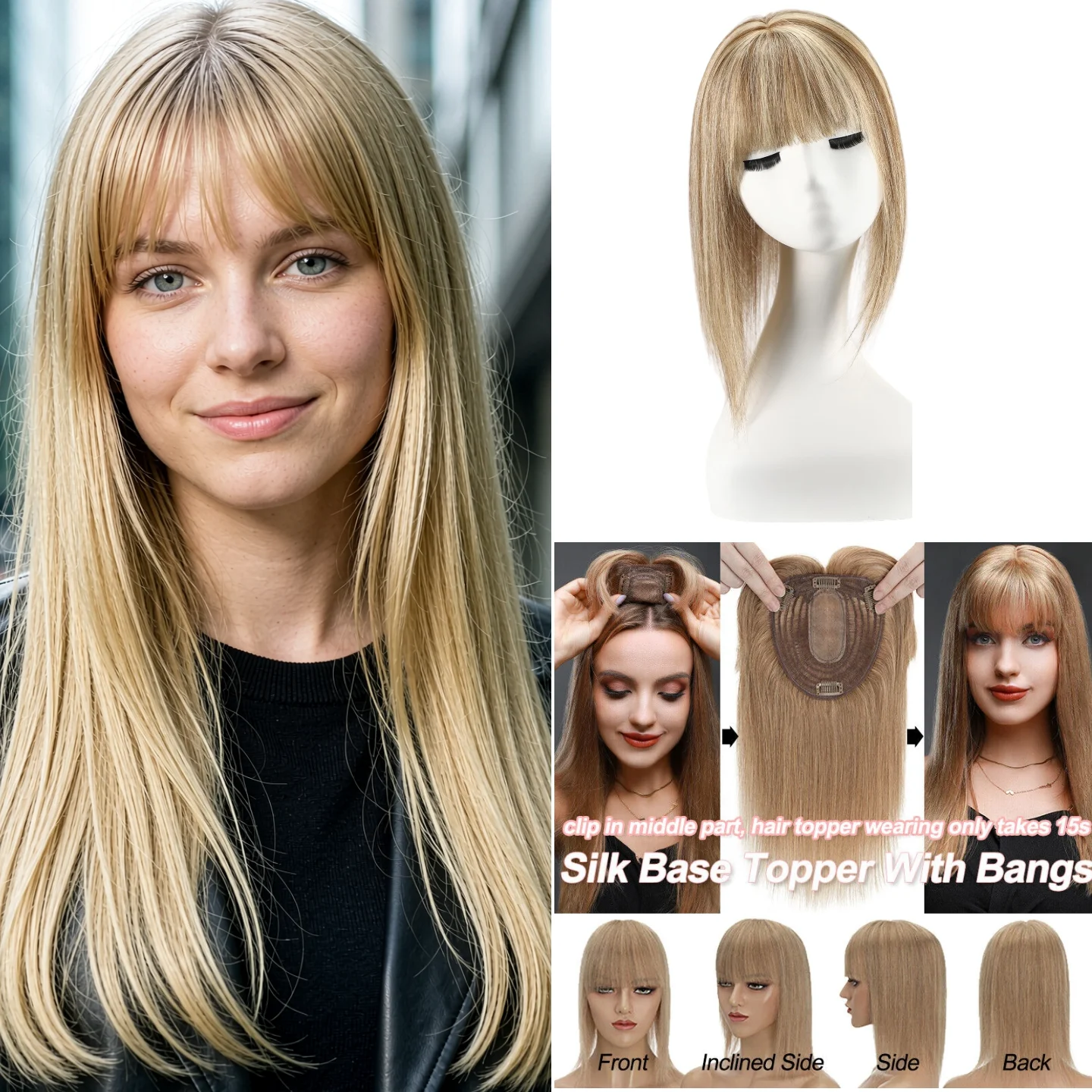 Lady Topper 100% Human Hair Silk Lace Base Clip In 12x13cm 25cm Middle Part with Bangs Machine Made Remy Hair #8 P27-613