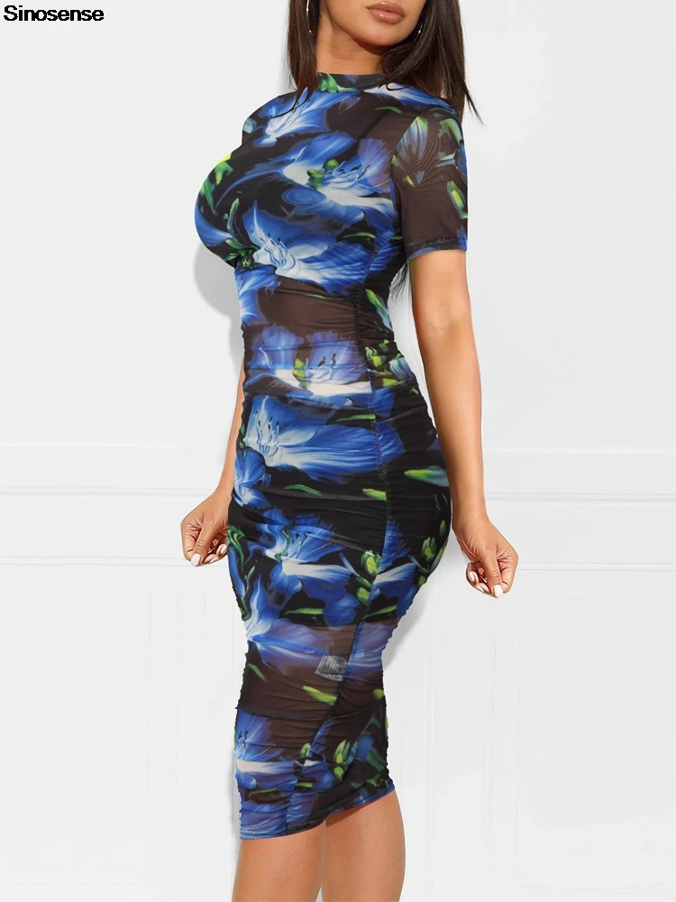 Abito aderente da donna in rete trasparente con stampa floreale Abito longuette increspato a maniche corte + Cam + Minigonna 3 pezzi Night Out Club Party Outfits