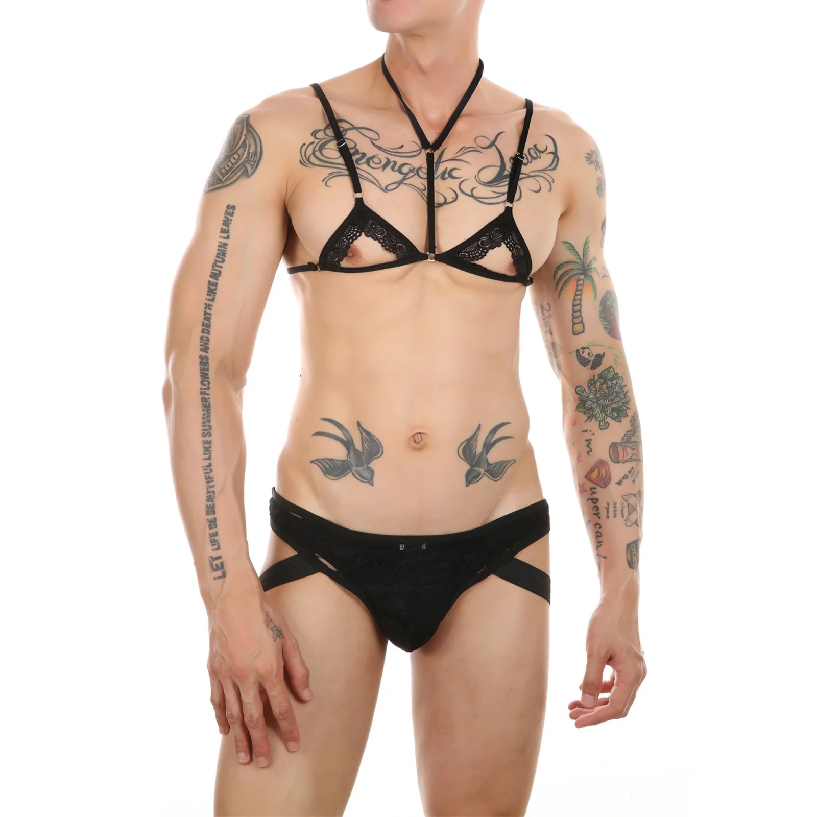 Men's Sexy  Underwea Set Mini Lace Transparent Bra Briefs Sex Lingerie Sissy Fetish Bikini Exotic Men Seat Belt BDSM - view 3