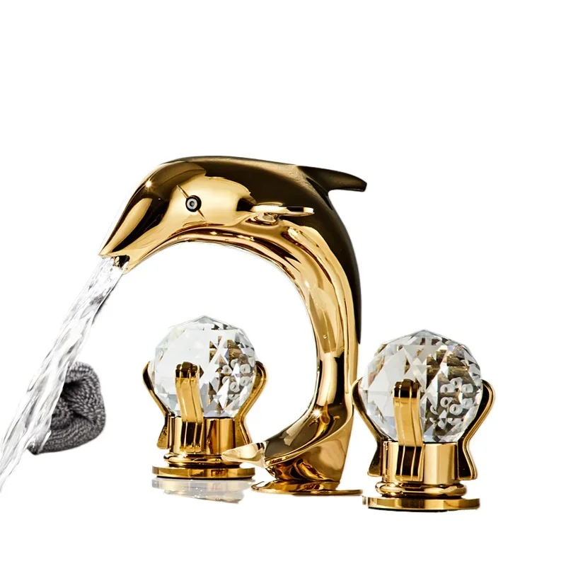 

Gold all-copper European double handle three-hole washbasin hot and cold faucet bathroom cabinet washbasin split creative