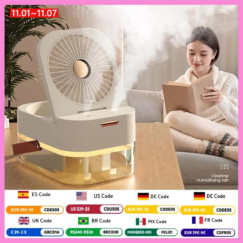 3 In 1 Portable Fan Air Conditioner Humidifier Cooling USB Fan Air Cooler LED Night Light Water Mist Humidification Fans