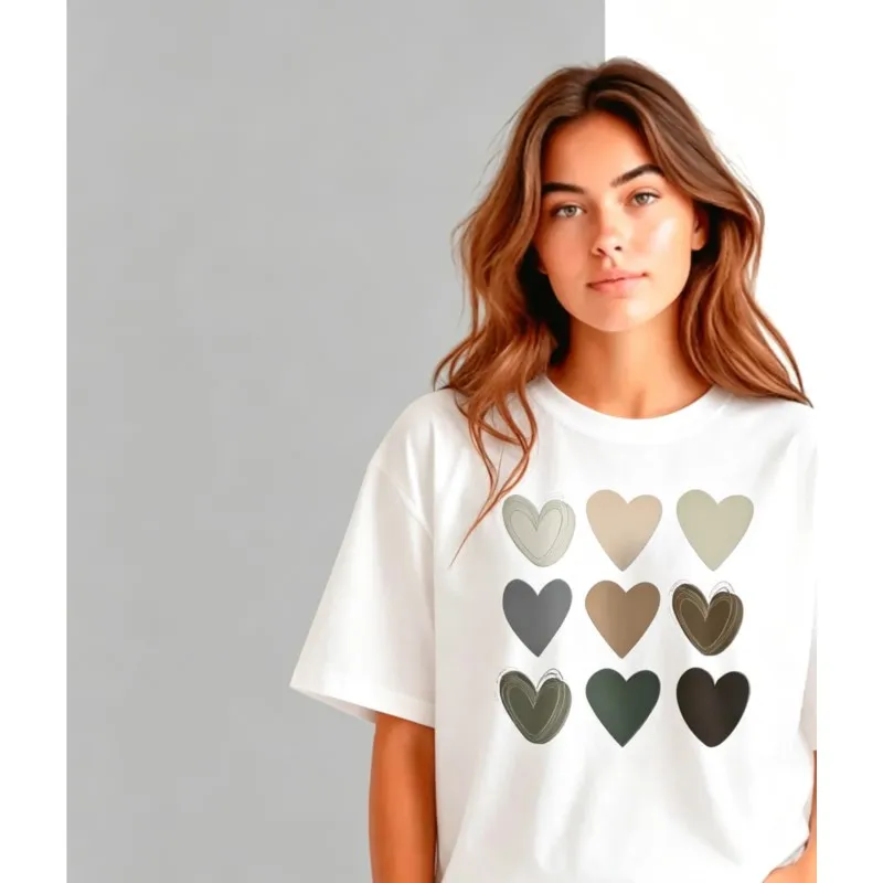 T-shirts For Women 2026 Summer Cotton Print Heart  Loose And Slimming Design Tops Cost-effective Daily Life Women's Clothes 