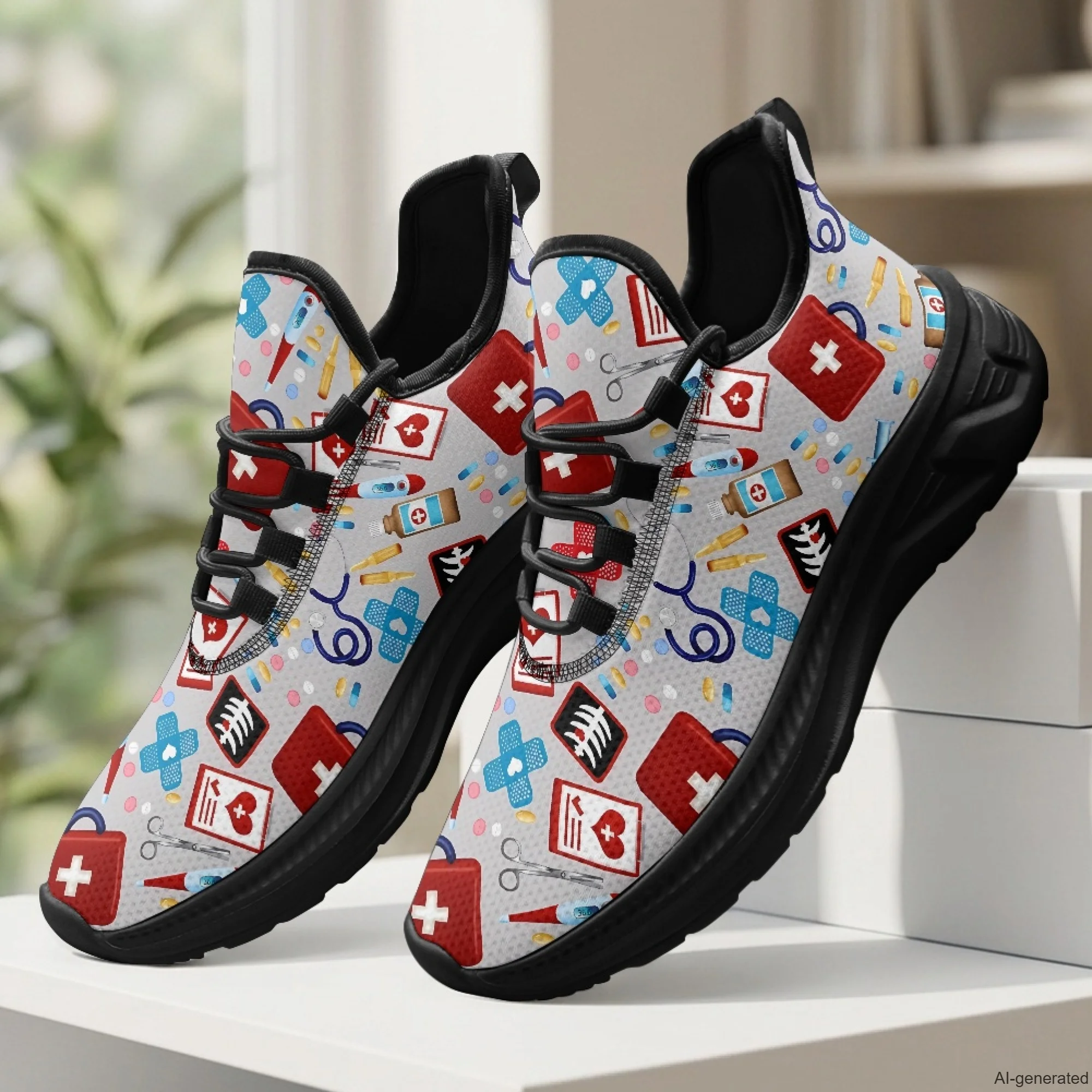 XIXIRIMIDO Womens Walking Shoes Nurse Shoes Nurse Sneakers Medical Pattern Print Tenis Masculino De Corrida Barefoot Shoes 35-48