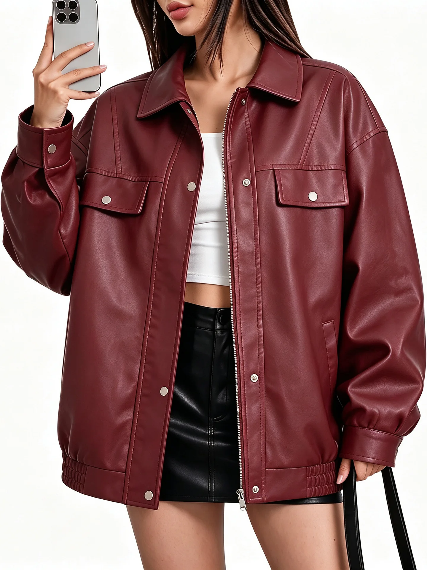 Women's European Size PU Leather Jacket Short Slim Fit Spring Autumn Thin Style Motorcycle Suit Standing Collar Fashionable Coat 4