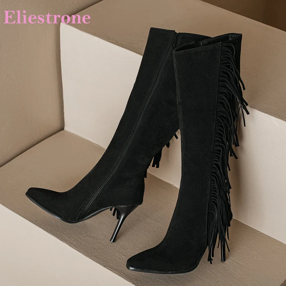 

Brand New Winter Sexy Black Green Women Mid Calf Fringe Boots Fashion High Thin Heel Office Lady Shoes Plus Big Size 12 43 45 48
