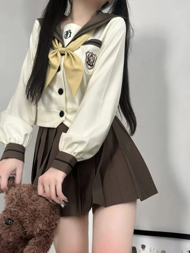 2024 New Japanese Sailor Suit JK Uniform Autumn Winter Milk Tea Color Colleage Style Students Brown Mini Skirt Bow Tie Top Sets